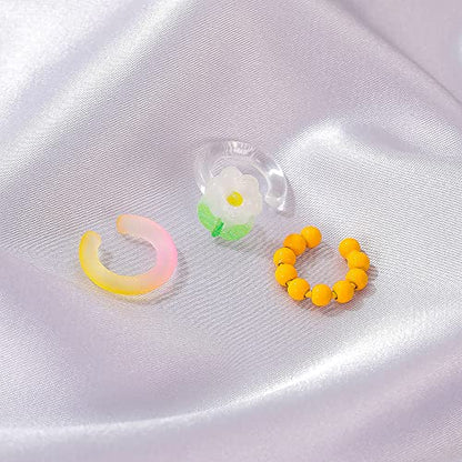 Sweet Flower Ear Cuffs Wrap Earrings for Women Acrylic Resin Colorful Bead Ball Cartilage Earring Fake Huggie Hoops Non Piercing Clip On Lovely Summer Ear Jewelry Gifts 3 PCS Set