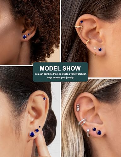 6 Pairs Hypoallergenic Cubic Zirconia Earrings Surgical Steel Flat Back Studs for Cartilage, Screw Back Fashion Jewelry - color: A-013-Blue