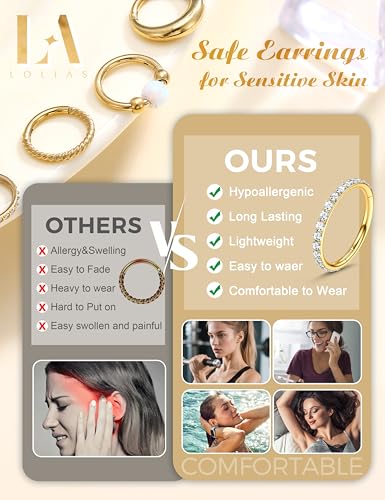 LOLIAS Septum Nose Rings Hoops - 316L Surgical Steel Septum Rings CZ Opal Silver 14K Gold Plated Hoop Nose Ring for Women 16G/18G Clicker Cartilage Earring Conch Daith Nostril Piercing Jewelry 8mm/10mm 8Pcs - color: 14K Gold, size: 18G 10MM