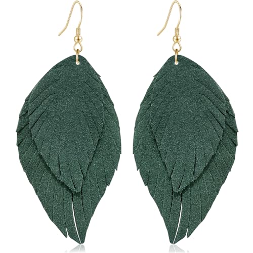 Genuine Leather Handmade Fringe Feather Lightweight Dangle Drop Earrings Teardrop Tassel Hook Earrings for Women - style: 2 Grass Green