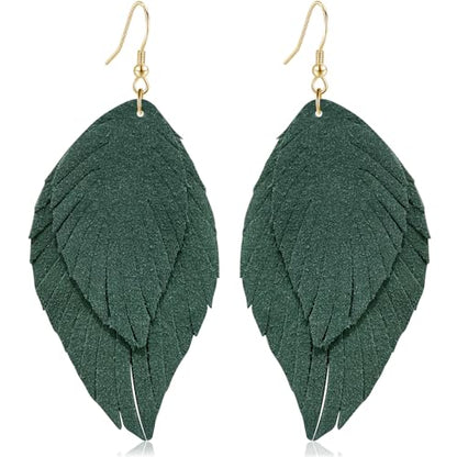 Genuine Leather Handmade Fringe Feather Lightweight Dangle Drop Earrings Teardrop Tassel Hook Earrings for Women - style: 2 Grass Green