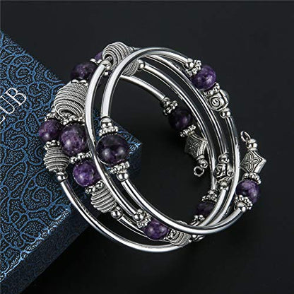 PEARL&CLUB Beaded Chakra Bangle Turquoise Bracelet - Fashion Jewelry Wrap Bracelet with Thick Silver Metal and Mala Beads, Birthday Gifts For Women - color: Purple