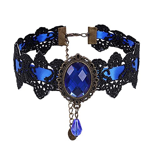 Dainty Black Lace Crystal Choker Necklace Lace Gothic Choker for Women for Halloween Weeding Costume Party Prom Vampire Choker - color: Blue