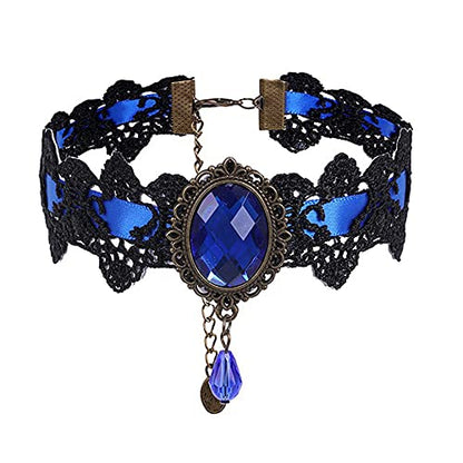Dainty Black Lace Crystal Choker Necklace Lace Gothic Choker for Women for Halloween Weeding Costume Party Prom Vampire Choker - color: Blue