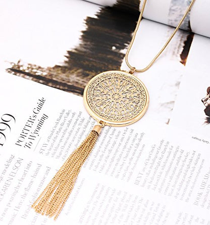 MOLOCH Long Necklaces For Woman Disk Circle Pendant Necklaces Tassel Fringe Necklace Set Statement Pendant - color: A:gold