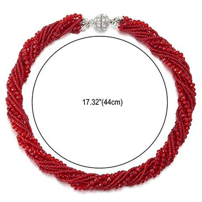 COOLSTEELANDBEYOND Multi-Layer Beads Crystal Braided Chain Choker Collar Magnetic Clasp,Statement Necklace, Bracelet - color: C-Necklace Bright Red Color