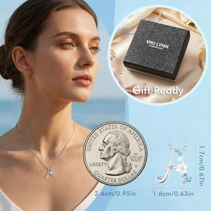 VIKI LYNN Initial Necklace for Women 925 Sterling Silver Initial A to Z Letter Pendant Necklace with Blue Flower Cubic Zirconia Birthday Engagement Gift for Women,Mom, Couple - style: Letter A