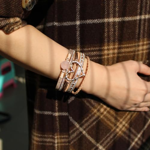 Womens Love Heart Leather Wrap Bracelet Multi-layer Stacked Bangle | Magnetic Clasp Soft PU Leather Resin Stone Rhinestone Boho Style Birthday Valentine Christmas Bohemian Jewelry Gift - color: Rose-gold