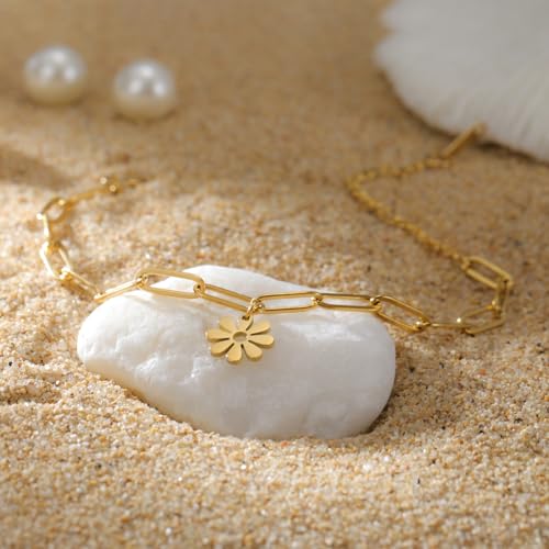 Dreamtimes Daisy Flower Anklets for Women Leaf Anklet Dainty Beach Anklet Jewelry Stainless Steel Adjustable Foot Chain Summer Boho Charm Foot Ankle Bracelet Jewelry - color: Daisy-Gold