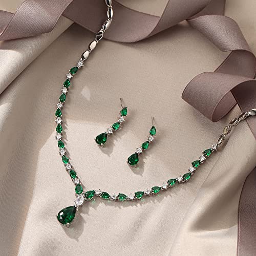 EVER FAITH Pear Shaped Cubic Zirconia Bridal Wedding Jewelry Set for Women | Gorgeous Water Drop Bride Necklace Dangle Earrings, for Bride Bridesmaid - color: Green