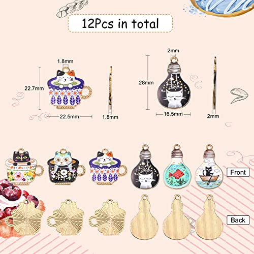 KitBeads 12pcs Enamel Cat & Bulb Charms Coffee Cup Charms for Jewelry Making DIY Accessories for Girls (6 Styles)