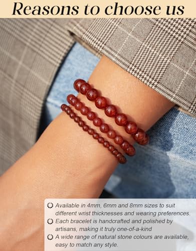 Natural Stone Beaded Bracelets for Men Women, 4mm 6mm 8mm | Healing Crystal, Protection Gemstone, Gift Packaging with Energy Card, Stretch Jewelry, Replacement Beads Included, 18 Stone - color: Carnelian(Luck & Vitality), size: 8mm
