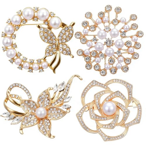 Pearl Flower Brooches for Women for Wedding Appreciation Ceremony | 4Pcs Glod Crystal Floral Pins, 4 Stlye Rhinestone Pearl Brooch, Fashion Elegant Golden Pins