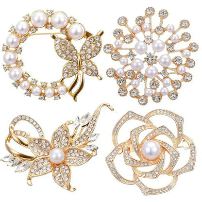 Pearl Flower Brooches for Women for Wedding Appreciation Ceremony | 4Pcs Glod Crystal Floral Pins, 4 Stlye Rhinestone Pearl Brooch, Fashion Elegant Golden Pins