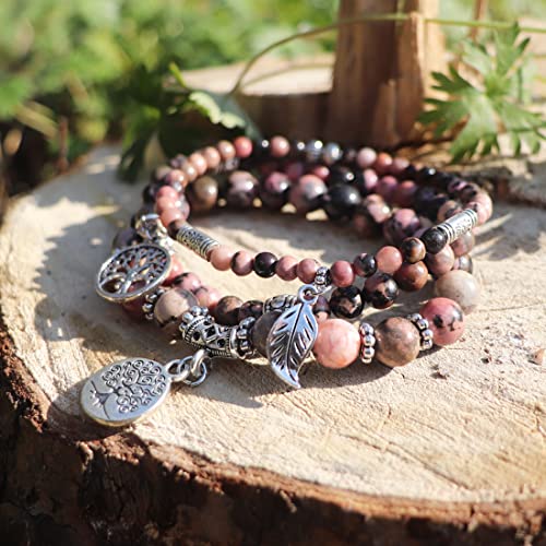 YGLINE Tree of Life Yoga Healing Stone Bracelets,Multilayer Lotus Chakra Stone Reiki Bracelet Sets,Anxiety Crystal Natural Stone,for Women Stress Relief - color: Rhodonite-3w