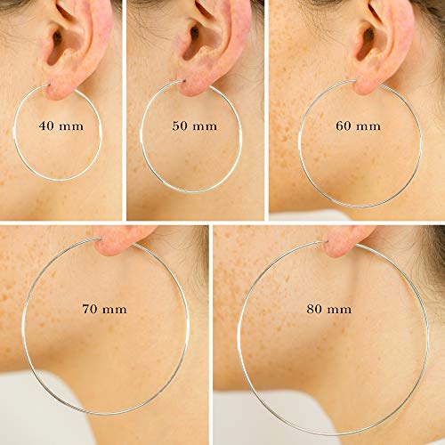 Columbus 14K Gold or Rhodium Dipped Endless Hoops with Sterling Silver Posts - Wire Thin Plated Infinity Hoop Earrings with 925 Post - 40, 50, 60, 70, 80 mm - color: Silver