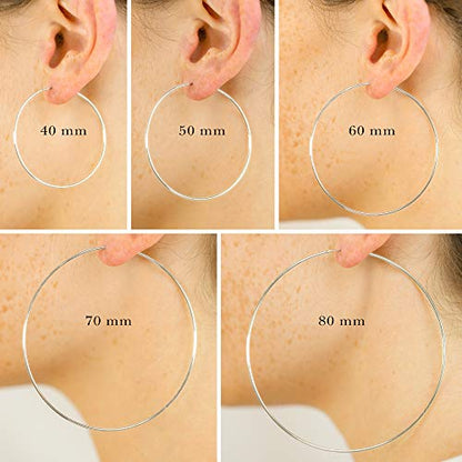 Columbus 14K Gold or Rhodium Dipped Endless Hoops with Sterling Silver Posts - Wire Thin Plated Infinity Hoop Earrings with 925 Post - 40, 50, 60, 70, 80 mm - color: Silver