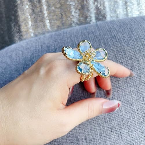 Large Flower Crystal Ring, Crystal Petal Ring, Size Adjustable, Fashion Ladies Must - color: Blue