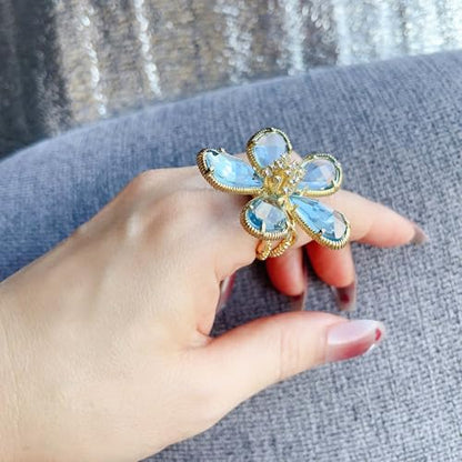Large Flower Crystal Ring, Crystal Petal Ring, Size Adjustable, Fashion Ladies Must - color: Blue