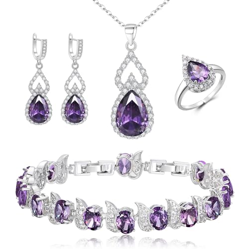 Wedding Jewelry Set for Women Bride Bridesmaid | Gorgeous Cubic Zirconia Teardrop Necklace Earrings Bracelet Adjustable Ring Jewelry Gift for Birthday/Anniversary - color: 08-Purple Silver-Tone