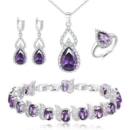 Wedding Jewelry Set for Women Bride Bridesmaid | Gorgeous Cubic Zirconia Teardrop Necklace Earrings Bracelet Adjustable Ring Jewelry Gift for Birthday/Anniversary - color: 08-Purple Silver-Tone