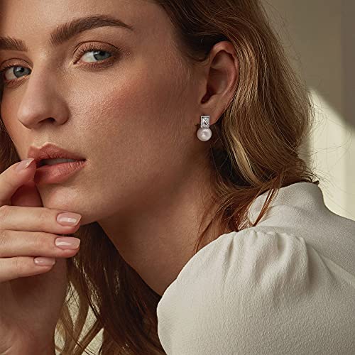 925 Sterling Silver Hoop Handpicked AAA+ Quality 7.5-8mm White Freshwater Cultured Pearl Dangle Drop Earrings Jewelry for Women - color: 3. Silver Plated CZ