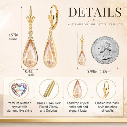 Teardrop Austrian Crystal Leverback Dangle Drop Earrings for Women | 14K Gold Plated,Classic Teardrop Elegance,Leverback for Easy Secure Wear,Gift Box Included, Brighten Up Daily and Party Looks - color: Light Topaz