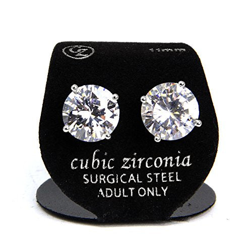 Stainless Steel Round Cut Cubic Zirconia Stud Earrings With Clear Case - Gold, Silver (3mm~12mm) - color: 11mm-Silver