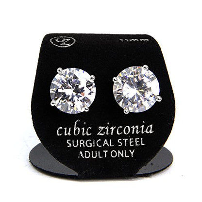 Stainless Steel Round Cut Cubic Zirconia Stud Earrings With Clear Case - Gold, Silver (3mm~12mm) - color: 11mm-Silver