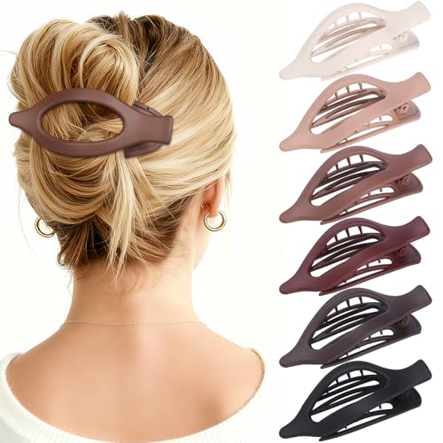 Flat Hair Clips for Women - 6 PCS French Flat Claw Clips Medium Hair Clips for Girls Large Hair Claw Clips for Thick or Thin Hair Strong Hold No Slip Hair Accessories for women (Brown Scarlet) - color: Brown Scarlet