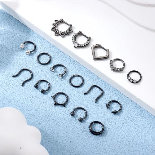Besteel Hypoallergenic Septum Rings 16G 8mm Surgical Steel Clicker Nose Rings Hoops Set Small Lip Cartilage Helix Daith Piercing Jewelry for Women Men 16 Pcs Gold Silver Black - color: Black