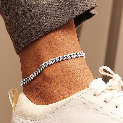 Sterling Silver Ankle Bracelets for Women Strong Lobster Clasp - Cuban Link, Figaro, Rope, Flat Mariner, Snake Herringbone, Satellite, Paperclip - Summer Beach Waterproof Silver Anklet - color: Cuban Link, Figaro, Rope, Flat Mariner, Snake