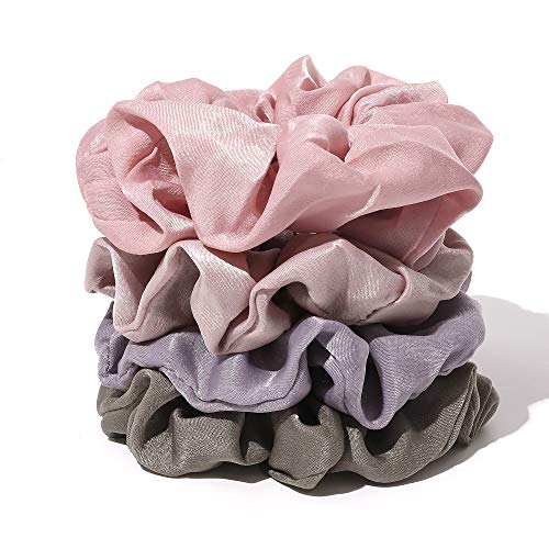 Ivyu Silk Satin Scrunchies - No Crease Hair Ties for Women, Thick Hair Ponytail Holders with Soft Elastic Bands - color: Gray Pink Light Pink Light Purple