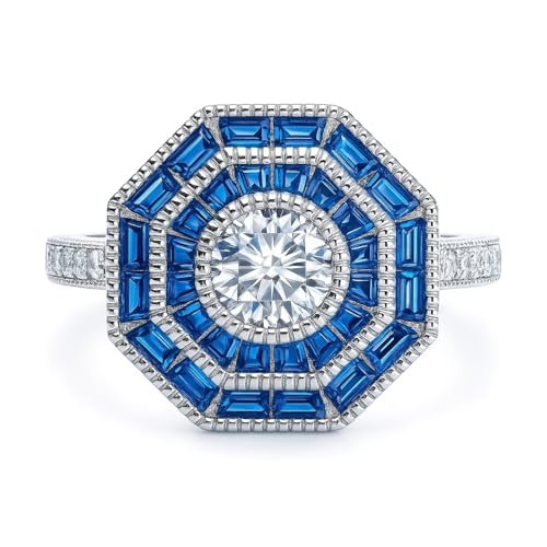 BERRICLE Sterling Silver CZ Art Deco Statement Cocktail Ring for Women, Sapphire-Blue Cubic Zirconia - Navette, Octagon, Oval Designs - style: Octagon