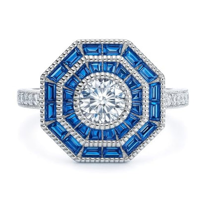 BERRICLE Sterling Silver CZ Art Deco Statement Cocktail Ring for Women, Sapphire-Blue Cubic Zirconia - Navette, Octagon, Oval Designs - style: Octagon