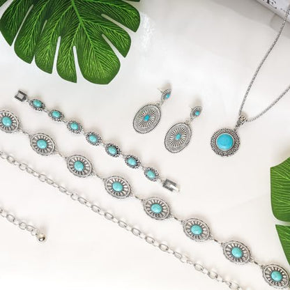 Fumwase 4 Pieces Bohemian Turquoise Jewelry Set Chain Waist Belt Turquoise Necklace Vintage Turquoise Dangle Earrings and Bracelet Western Jewelry for Women Vintage Retro Boho Jewelry Set (Fresh Style)