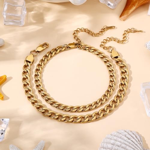 2PCS Ankle Bracelets for Women - Gold/Silver Plated Stainless Steel Anklets Set - Waterproof Layered Cuban Link Chain Anklet Bracelet Summer Beach Foot Jewelry Gifts for Women - color: Style 1-Gold