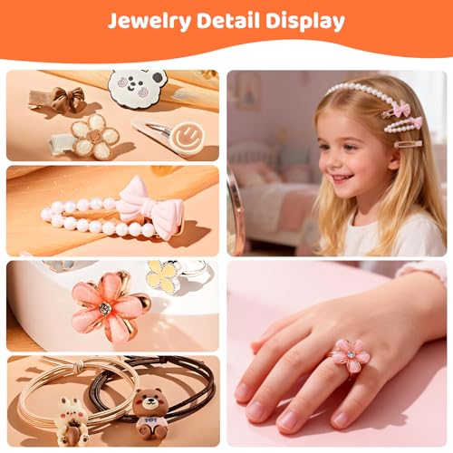 Kids Jewelry Box with Hair Accessories for Girls, Storage Organizer Case with Display Lid & Drawer, Hair Clips Barrettes Bows Hair Ties, Rings & Necklace Set for Girls Age 3-12