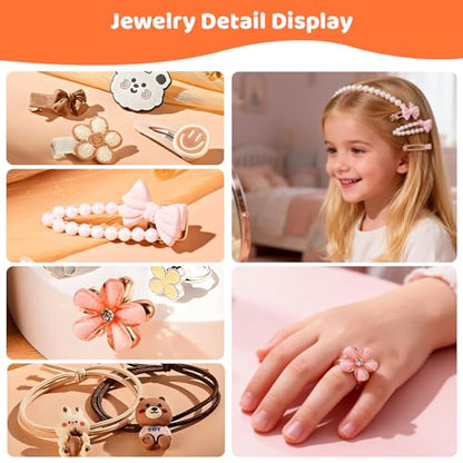 Kids Jewelry Box with Hair Accessories for Girls, Storage Organizer Case with Display Lid & Drawer, Hair Clips Barrettes Bows Hair Ties, Rings & Necklace Set for Girls Age 3-12