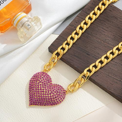 Gold Cuban Link Chain Necklace with Red Crystal Heart Pendant, Statement Chunky Curb Link Chain，Fashion Jewelry for Women - color: Peach red
