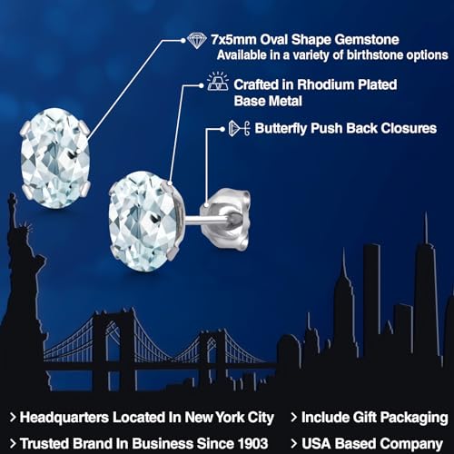Gem Stone King Oval Gemstone Birthstone Stud Earrings for Women Men | Oval Cut 7X5MM | Fine Jewelry Gifts for Mom Dad Wife Him Her - style: Aquamarine, March