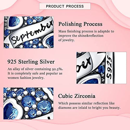 HappyStar 925 Sterling Silver Month Birthstone Charm for Bracelets Necklace，with 5A Cubic Zirconia Dangle Pendant Bead,Happy Birthday Valentine's Day - color: 9-September Birthstones