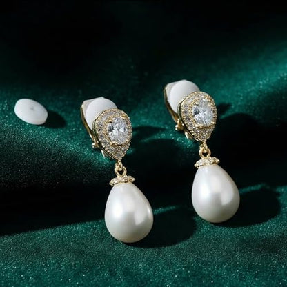 Mariell Pearl Bridal Wedding Drop Earrings with CZ Crystals for Brides, Bridesmaids, Birthday Gift - color: Silver Clip On - Clear Cubic Zirconia