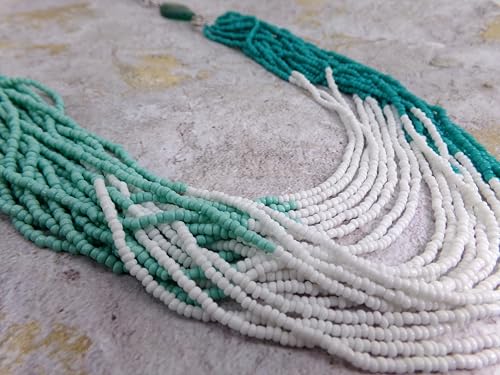 Turquoise Multi Strand Seed Bead Necklace for Women – Boho Chic Statement Necklace with Agate Stones – Layered Summer Jewelry