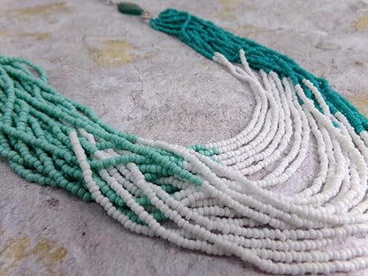 Turquoise Multi Strand Seed Bead Necklace for Women – Boho Chic Statement Necklace with Agate Stones – Layered Summer Jewelry
