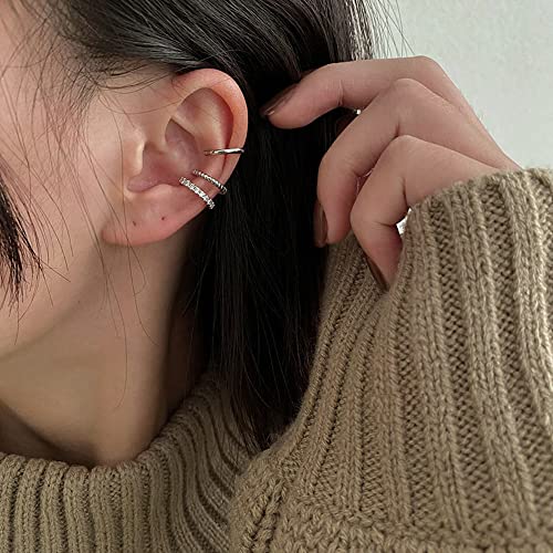 3Pcs 14K Gold Plated Cubic Zirconia Ear Cuffs for Non Pierced Ears Women, Hypoallergenic Sparkling Round Huggie Cartilage Earring Jewelry Gifts - color: silver