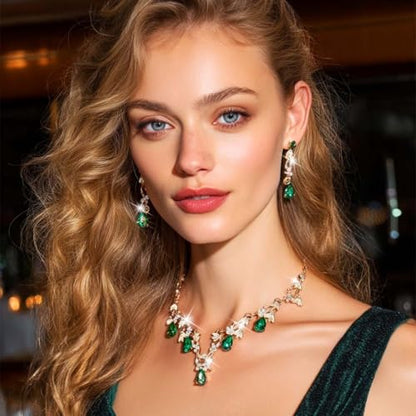 Gold Rhinestone Jewelry Set Bridal Wedding Necklace Earrings Sets Prom Formal Costume Jewelry for Women and Brides - color: Green