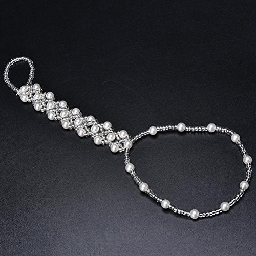 ZHONGJIUYUAN 2PCS(1 Pair) Footless Bridal Foot Jewelry Women Faux Pearls Anklets Beach Wedding Pearl Barefoot Sandals Stretch Anklet Chain