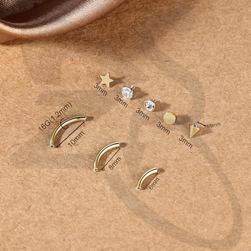 ZS Stainless Steel Eyebrow Piercing Jewelry Internal Thread Eyebrow Ring Labret Lip Jewelry Daith Rook Piercing Curved Barbell Belly Button Ring for Women Men 6mm/8mm/10mm - color: 5 Pairs Top, Gold