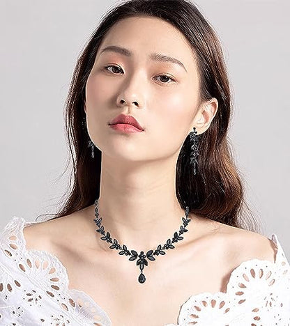 CSY Elegant Bridal Jewelry Sets Wedding Prom Homecoming Gown Accessories | Austrian Marquise Crystal Wedding Necklace Dangle Earrings Tennis Bracelet Ring Set for Bride Women Costume Accessories - color: black